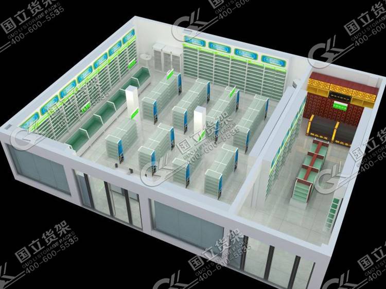 连锁药店货架摆放设计3D效果图